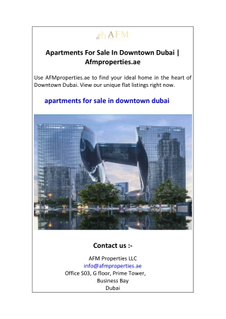 Apartments For Sale In Downtown Dubai  Afmproperties.ae