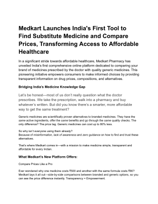 Medkart Launches India's First Tool to Find Substitute Medicine
