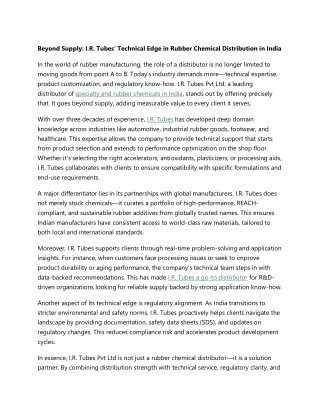I.R. Tubes’ Technical Edge in Rubber Chemical Distribution in India