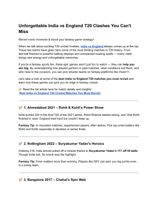 Unforgettable India vs England T20 Clashes You Can't Miss