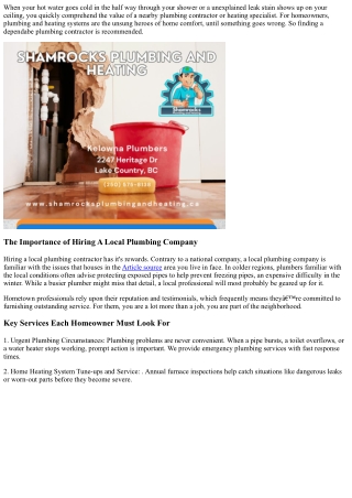 Shamrocks Plumbing, Heating and Drain Service, Kelownas Preferred Plumbing Speci