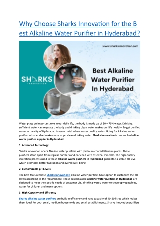 Why Choose Sharks Innovation for the Best Alkaline Water Purifier in Hyderabad?