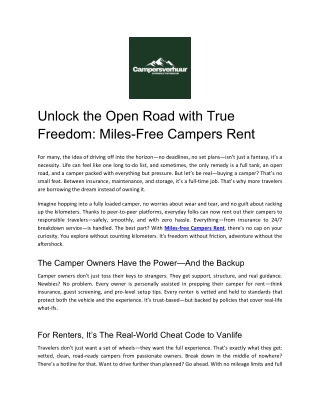 Unlock the Open Road with True Freedom Miles-Free Campers Rent