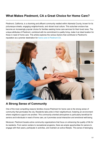 What Makes Piedmont, CA a Great Choice for Home Care