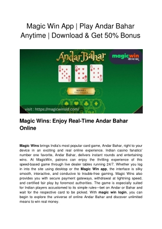 Magic Win App _ Play Andar Bahar Anytime _ Download & Get 50 Bonus
