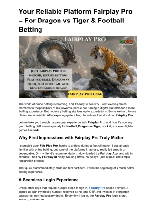 Your Reliable Platform Fairplay Pro – For Dragon vs Tiger & Football Betting
