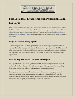 Best Local Real Estate Agents in Philadelphia and Las Vegas