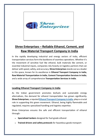 Shree Enterprises Reliable Ethanol, Cement, and Raw Material Transport Company in India