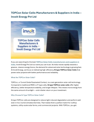 TOPCon Solar Cells Manufacturers & Suppliers in India – Invo