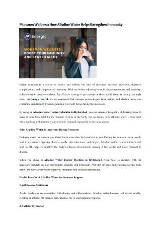 Monsoon Wellness-How Alkaline Water Helps Strengthen Immunity - advanced alkaline water ionizer machine in Hyderabad