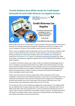 Trusted Solutions from White Jacobs for Credit Repair Savannah GA and Credit Attorney Los Angeles Services
