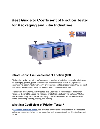 Best Guide to Coefficient of Friction Tester for Packaging and Film Industries