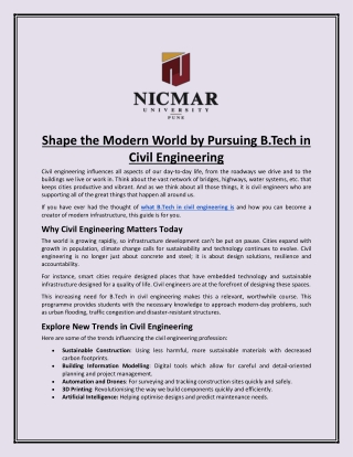 Shape the Modern World by Pursuing B.Tech in Civil Engineering