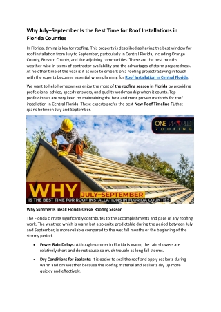 Why July–September Is the Best Time for Roof Installations in Florida Counties
