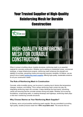Your Trusted Supplier of High-Quality Reinforcing Mesh for Durable Construction