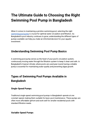 The Ultimate Guide to Choosing the Right Swimming Pool Pump in Bangladesh