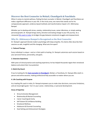 Discover the Best Counselor in Mohali, Chandigarh & Panchkula