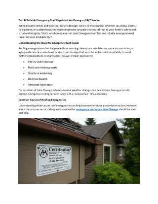 Trusted Roof Leak Repair Experts in Lake Oswego – Fast & Affordable Service