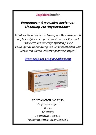 Bromazepam 6 mg online kaufen zur Linderung von Angstzuständen