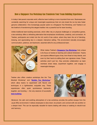 How a Singapore Tea Workshop Can Transform Your Team Building Experience