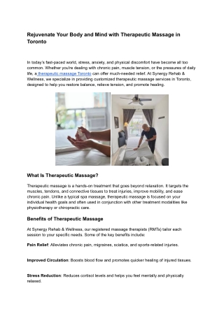 Rejuvenate Your Body and Mind with Therapeutic Massage in Toronto