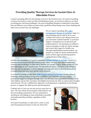 Providing Quality Therapy Services In Coastal Cities At Affordable Prices
