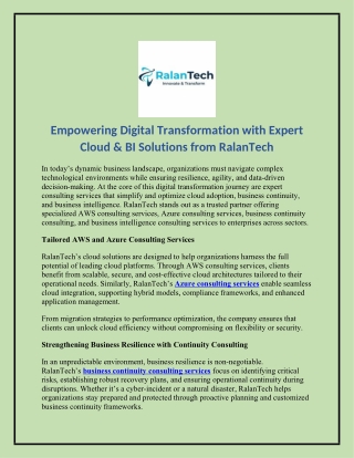 Empowering Digital Transformation with Expert Cloud & BI Solutions from RalanTech