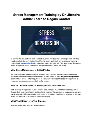 Stress Management Training by Dr. Jitendra Adhia: Learn to Regain Control