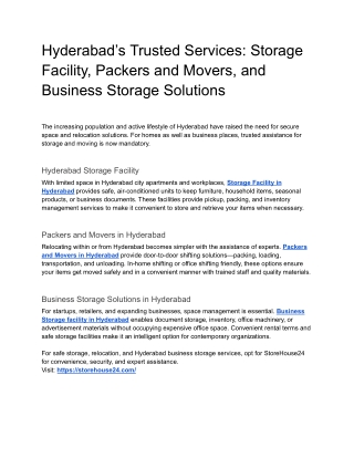 Hyderabad’s Trusted Services Storage Facility, Packers and Movers, and Business Storage Solutions