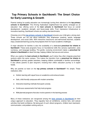 Top Primary Schools in Gachibowli: The Smart Choice for Early Learning & Growth