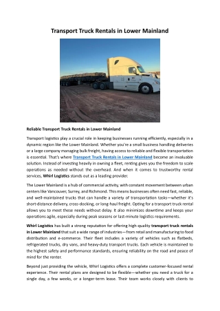 Transport Truck Rentals in Lower Mainland