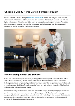 Choosing Quality Home Care in Somerset County