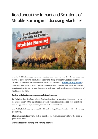 Read about the Impact and Solutions of Stubble Burning in India using Machines
