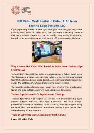 LED Video Wall Rental in Dubai, UAE from Techno Edge Systems LLC
