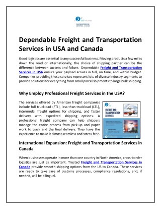 Dependable Freight and Transportation Services in USA and Canada