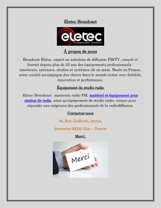 Équipement de studio radio Eletec Broadcast