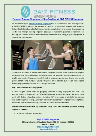 Personal Training Singapore – Elite Coaching at 247 FITNESS Singapore