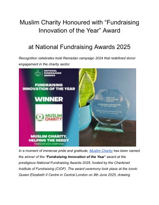 Muslim Charity Wins Fundraising Innovation of the year Award 2025
