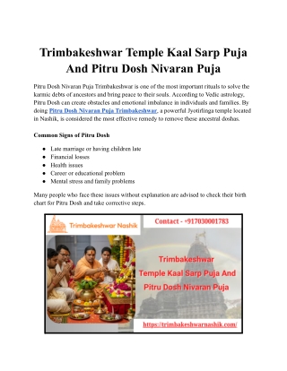 Trimbakeshwar Temple Kaal Sarp Puja  And Pitru Dosh Nivaran Puja