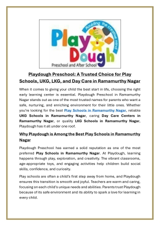 Playdough Preschool A Trusted Choice for Play Schools, UKG, LKG, and Day Care in Ramamurthy Nagar