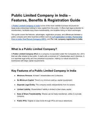 Public Limited Company in India – Features, Benefits & Registration