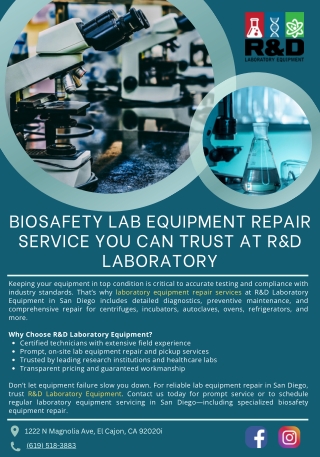Biosafety Lab Equipment Repair Service You Can Trust at R&D Laboratory