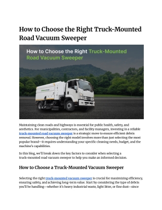 How to Choose the Right Truck-Mounted Road Vacuum Sweeper