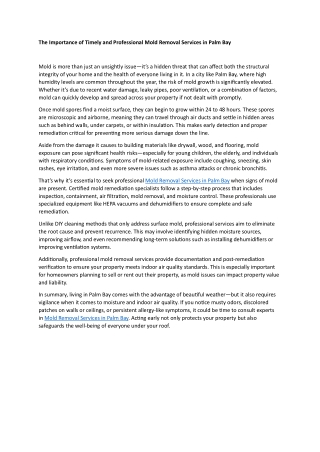 The Importance of Timely and Professional Mold Removal Services in Palm Bay