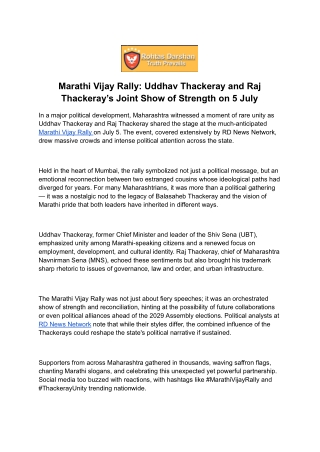 Marathi Vijay Rally: Uddhav and Raj Thackeray Join Hands – RD News Network
