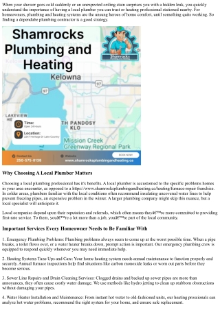 Shamrocks Plumbing, Heating and Drain Service, Kelownas Favored Plumbing Service