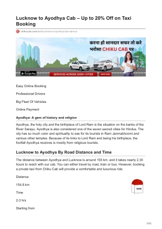 Lucknow to Ayodhya Cab  Up to 20 Off on Taxi Booking