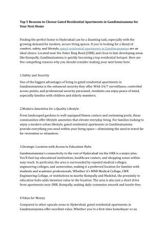 Top 5 Reasons to Choose Gated Residential Apartments in Gandimaisamma for Your Next Home