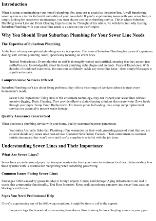 Why You Should Trust Suburban Plumbing for Your Sewer Line Needs