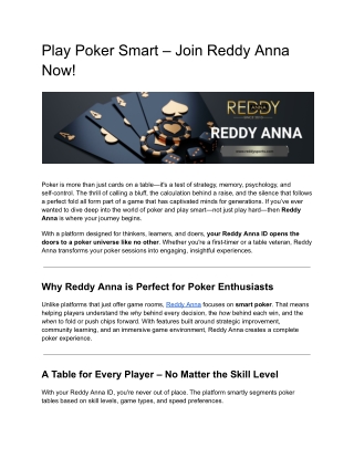 Play Poker Smart – Join Reddy Anna Now!